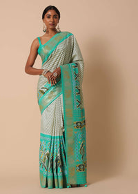 Sea Green Dola Silk Patola Printed Saree With Foil Detail Pallu And Unstitched Blouse Piece