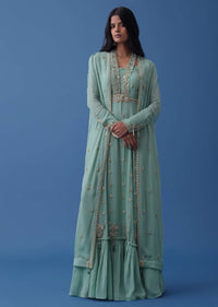 Sea Green Embroidered Indowestern Dress And Cape In Georgette