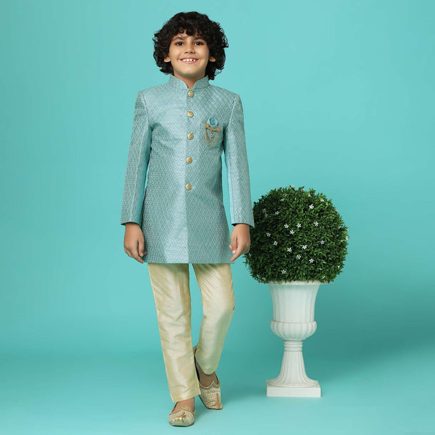 Sea Green Embroidered Sherwani Jacket And Pant Set In Silk