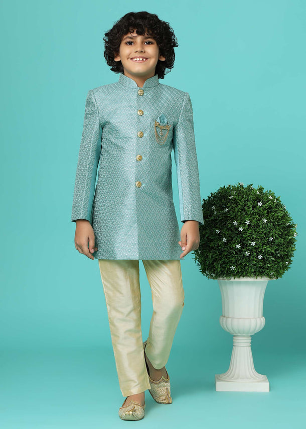 Sea Green Embroidered Sherwani Jacket And Pant Set In Silk