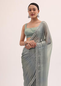 Sea Green Embroidered Chiffon Saree With Unstitched Blouse