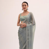 Sea Green Embroidered Chiffon Saree With Unstitched Blouse