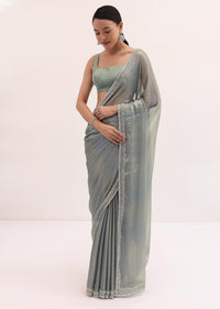 Sea Green Embroidered Chiffon Saree With Unstitched Blouse