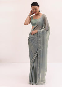 Sea Green Embroidered Chiffon Saree With Unstitched Blouse
