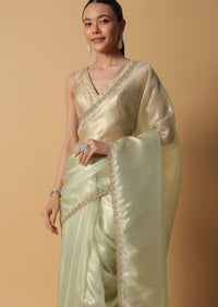 Sea Green Foil Saree In Tissue With Cut Dana Embroidered Borders