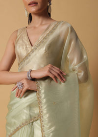 Sea Green Foil Saree In Tissue With Cut Dana Embroidered Borders