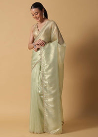 Sea Green Foil Saree In Tissue With Cut Dana Embroidered Borders