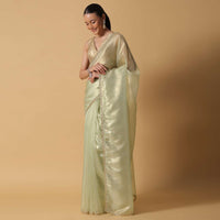 Sea Green Foil Saree In Tissue With Cut Dana Embroidered Borders