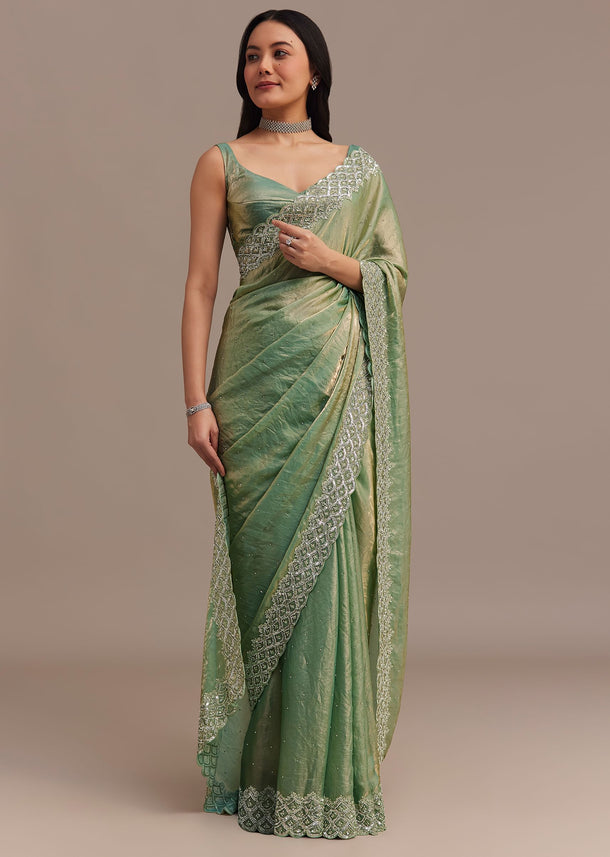 Sea Green Glass Tissue Saree With Cutdana And Stone Embroidery