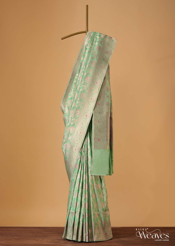 Sea Green Handloom Banarasi Saree In Uppada Silk With Unstitched Blouse