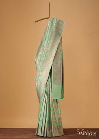 Sea Green Handloom Banarasi Saree In Uppada Silk With Unstitched Blouse