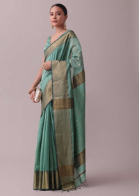 Sea Green Handloom Chanderi Silk And Cotton Saree With Zari Work
