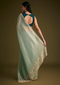 Sea Green Jacquard Sequins Saree With Cutdana Stones