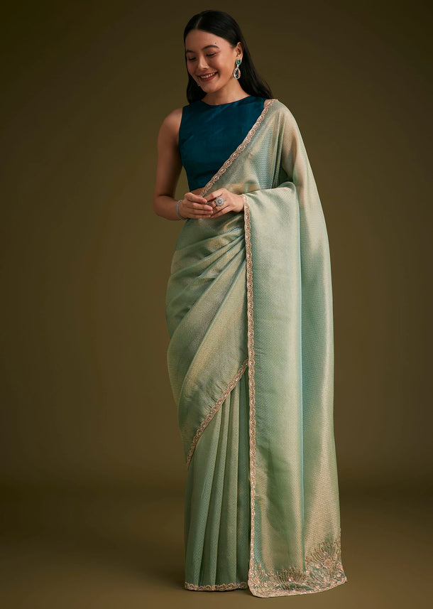 Sea Green Jacquard Sequins Saree With Cutdana Stones