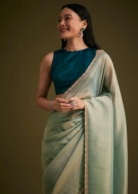 Sea Green Jacquard Sequins Saree With Cutdana Stones