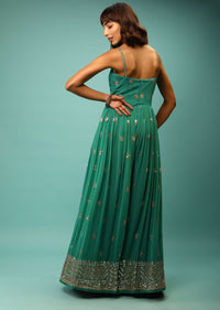 Sea Green Jumpsuit In Georgette With Sequins And Zari Embroidered Geometric Design And Floral Buttis