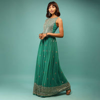 Sea Green Jumpsuit In Georgette With Sequins And Zari Embroidered Geometric Design And Floral Buttis