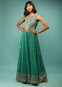 Sea Green Jumpsuit In Georgette With Sequins And Zari Embroidered Geometric Design And Floral Buttis