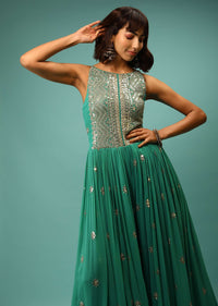 Sea Green Jumpsuit In Georgette With Sequins And Zari Embroidered Geometric Design And Floral Buttis