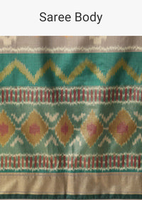 Sea Green Kalamkari Print Saree In Silk With Tassel Pallu And Unstitched Blouse Piece