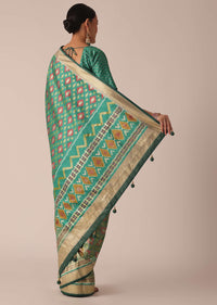 Sea Green Kalamkari Print Saree In Silk With Tassel Pallu And Unstitched Blouse Piece