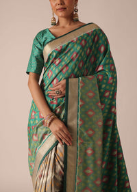 Sea Green Kalamkari Print Saree In Silk With Tassel Pallu And Unstitched Blouse Piece