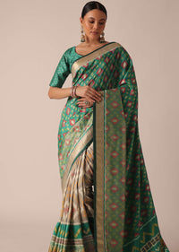 Sea Green Kalamkari Print Saree In Silk With Tassel Pallu And Unstitched Blouse Piece