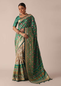 Sea Green Kalamkari Print Saree In Silk With Tassel Pallu And Unstitched Blouse Piece