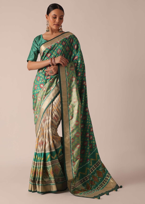 Sea Green Kalamkari Print Saree In Silk With Tassel Pallu And Unstitched Blouse Piece
