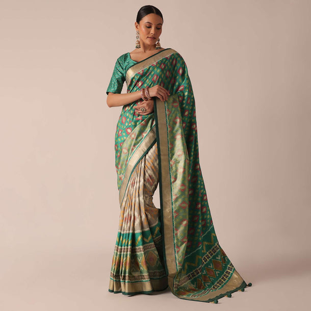 Sea Green Kalamkari Print Saree In Silk With Tassel Pallu And Unstitched Blouse Piece