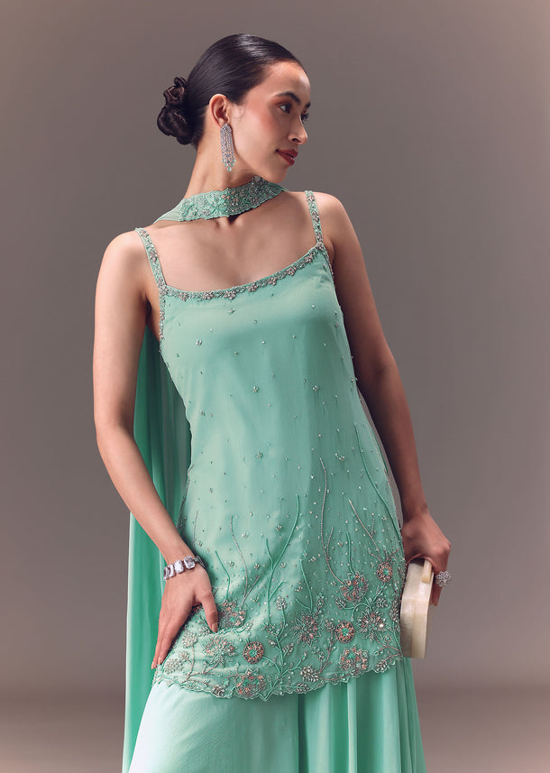 Sea Green Kurta Sharara Set With Choker Dupatta