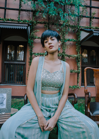 Sea Green Mirror Embellished Crop Top And Palazzo Set With Jacket