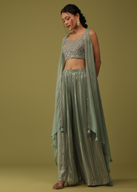 Sea Green Mirror Embellished Crop Top And Palazzo Set With Jacket