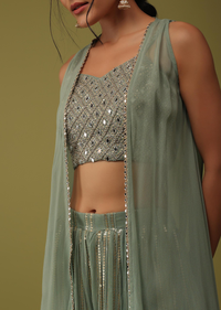 Sea Green Mirror Embellished Crop Top And Palazzo Set With Jacket