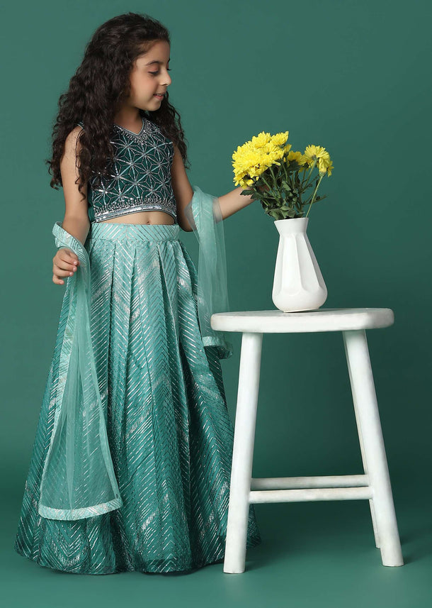 Sea Green Ombre Embroidered Lehenga And Blouse Set In Organza