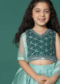Sea Green Ombre Embroidered Lehenga And Blouse Set In Organza