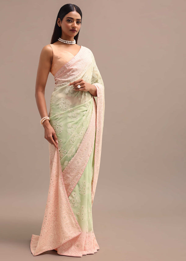 Sea Green Ombre Chikankari Saree With Unstitched Blouse