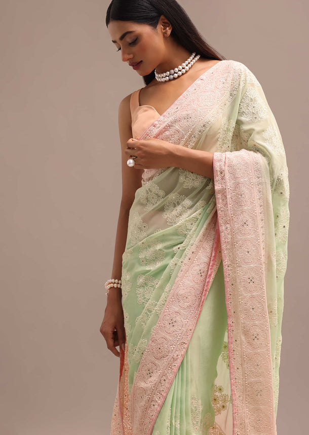 Sea Green Ombre Chikankari Saree With Unstitched Blouse