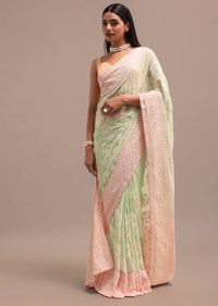 Sea Green Ombre Chikankari Saree With Unstitched Blouse