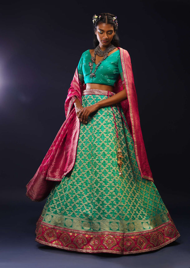 Sea Green Ombre Lehenga Choli With Bandhani And Brocade Jaal And Magenta Dupatta