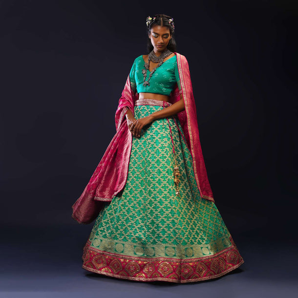 Sea Green Ombre Lehenga Choli With Bandhani And Brocade Jaal And Magenta Dupatta