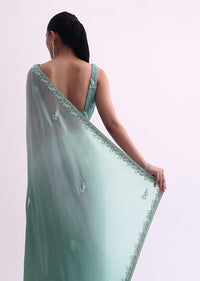 Sea Green Ombre Shaded Satin Saree With Sequin Border And Unstitched Blouse Fabric