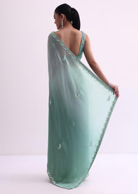 Sea Green Ombre Shaded Satin Saree With Sequin Border And Unstitched Blouse Fabric