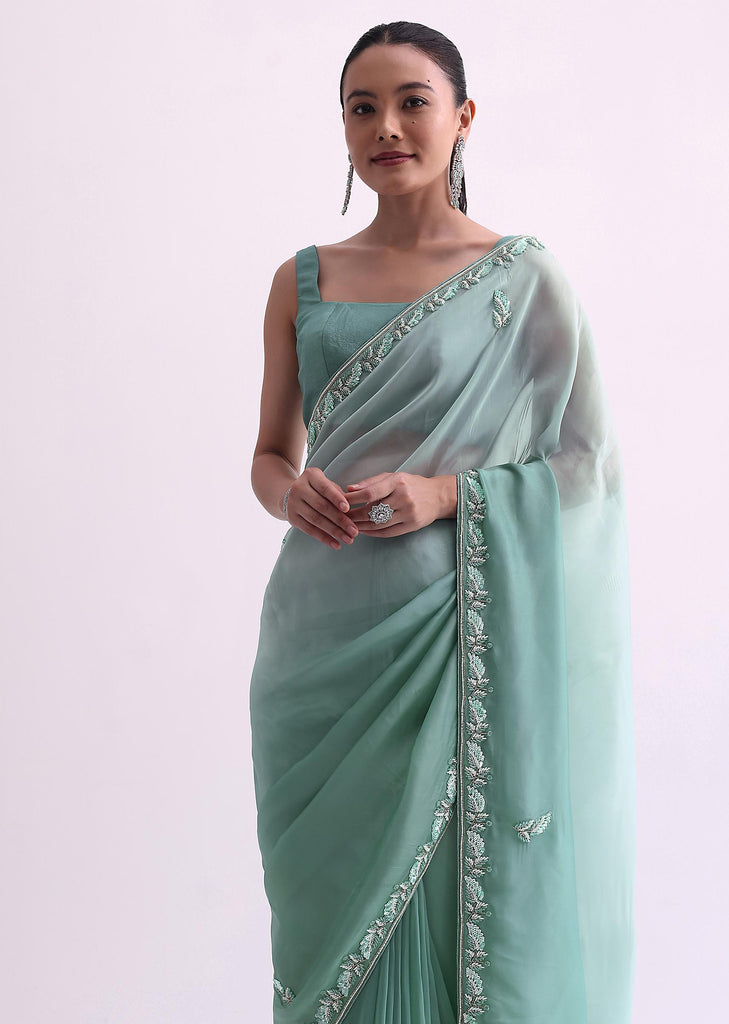 Sea Green Ombre Shaded Satin Saree With Sequin Border And Unstitched Blouse Fabric