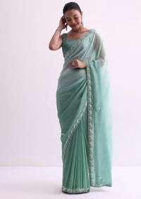Sea Green Ombre Shaded Satin Saree With Sequin Border And Unstitched Blouse Fabric