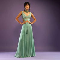Sea Green Palazzo And Crop Top With Wrap Around Straps And Shaded Green Bead Work In Scallop Motifs