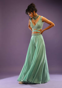 Sea Green Palazzo And Crop Top With Wrap Around Straps And Shaded Green Bead Work In Scallop Motifs