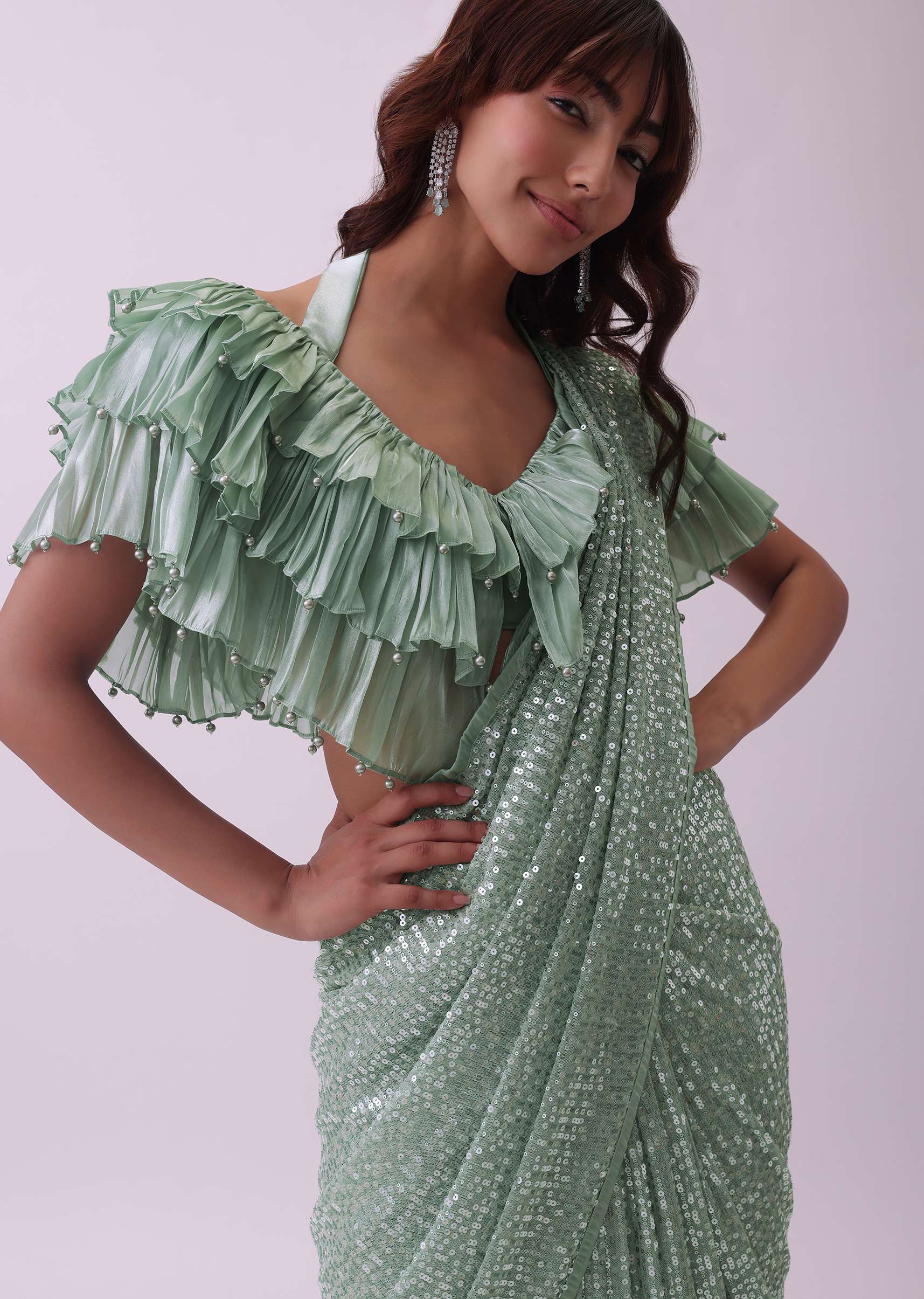 Sea Green Sequins Saree And Blouse With Organza Ruffle