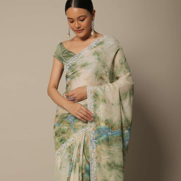 Sea Green Saree In Satin With Shibori Print And Unstitched Blouse Piece