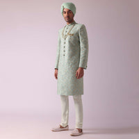 Sea Green Silk Embroidered Sherwani Set